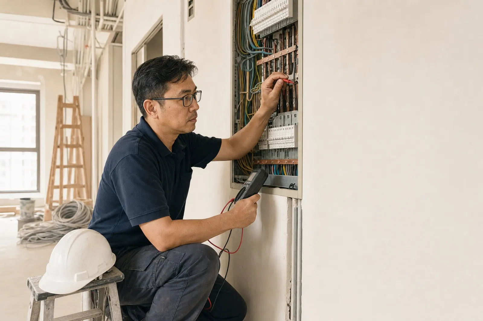 俊泓工程團隊於工地進行配電箱檢查及電力負荷評估