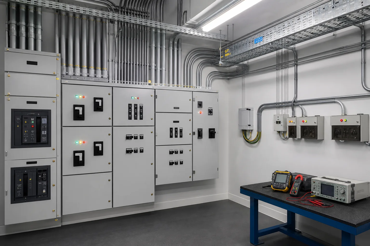 俊泓工程電力工程意境圖：配電箱、電線槽、測試儀器及商業配電安裝