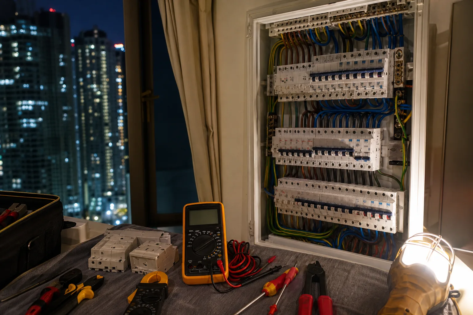 俊泓工程24小時電力緊急維修意境圖：夜間配電箱檢查、跳掣及漏電排查