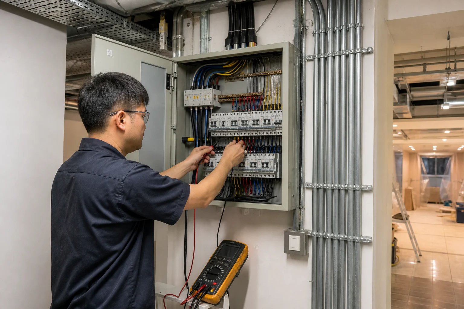 俊泓工程電力工程意境圖：配電箱、電線槽、測試儀器及商業配電安裝